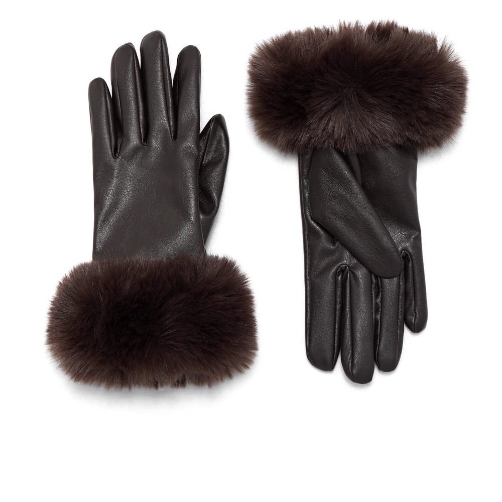 Time & Tru Elegant Brown Leather Gloves with Faux Fur Trim NEW L/XL